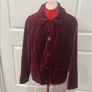 Chico's Red Burgundy Long Sleeve Velvet Like Blazer Coat Size 3